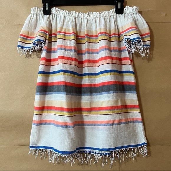 Lemlem | Off The Shoulder Stripe Top Popover Blouse Fringe Trim Size S - Picture 1 of 9